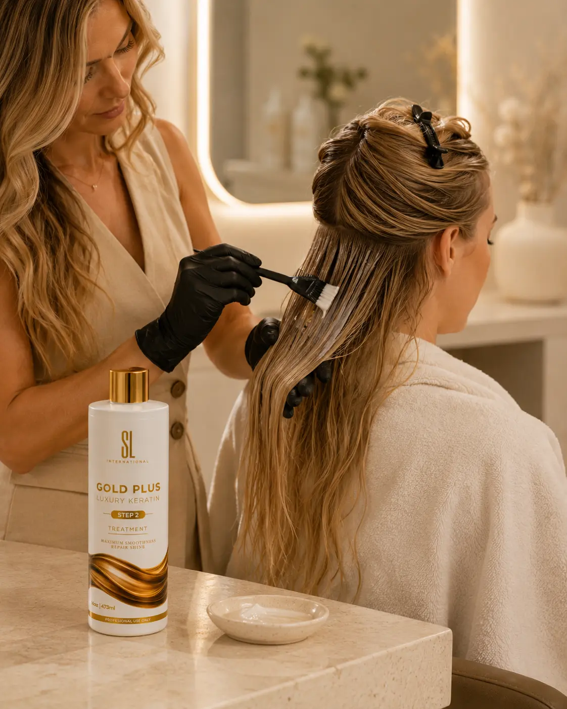 Professional hairstylist applying Gold Plus Luxury Keratin treatment to healthy blonde hair in a luxury salon