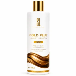 Bottle of Gold Plus Luxury Keratin by SL International, professional Step 2 treatment for maximum smoothness, repair and shine