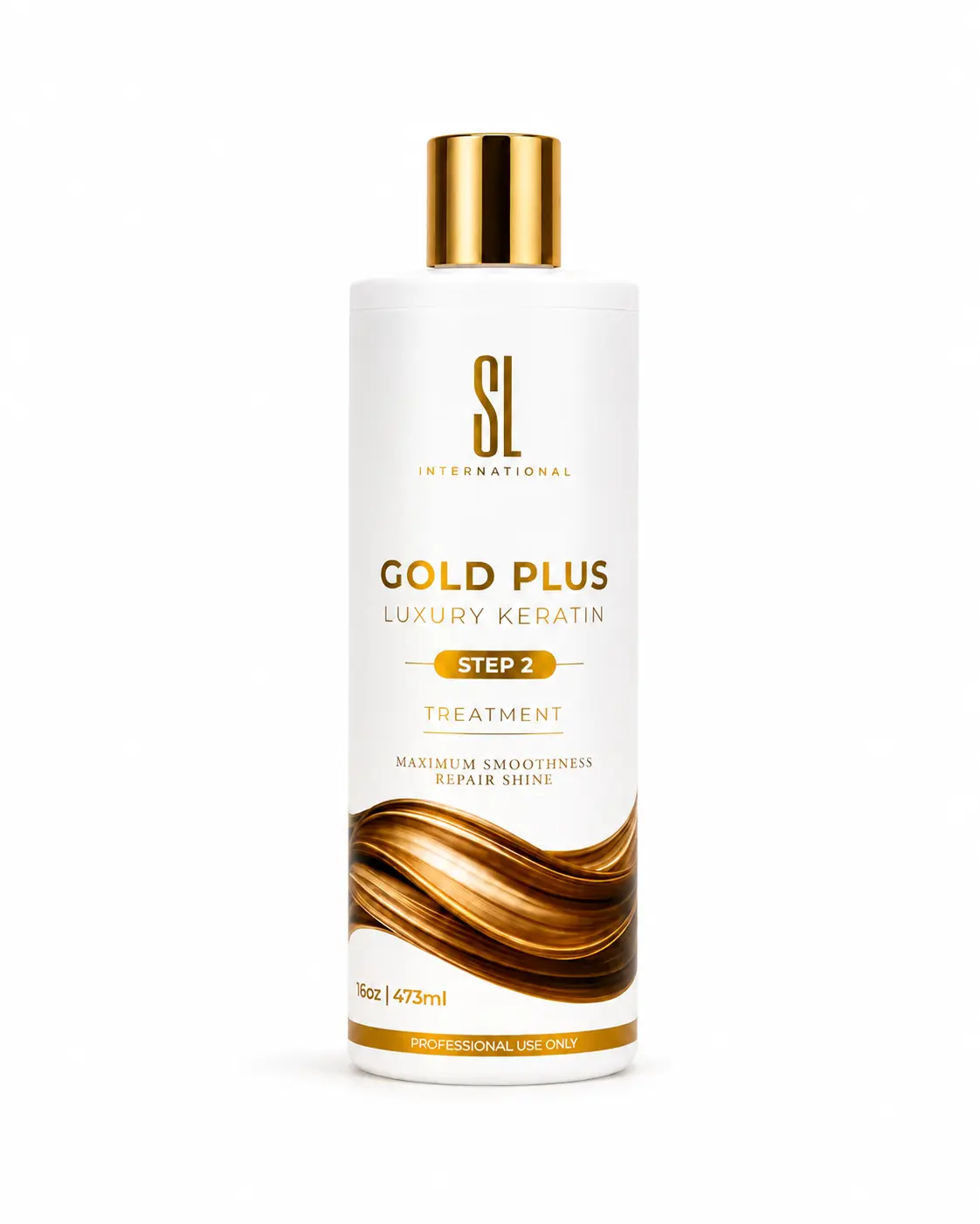 Bottle of Gold Plus Luxury Keratin by SL International, professional Step 2 treatment for maximum smoothness, repair and shine