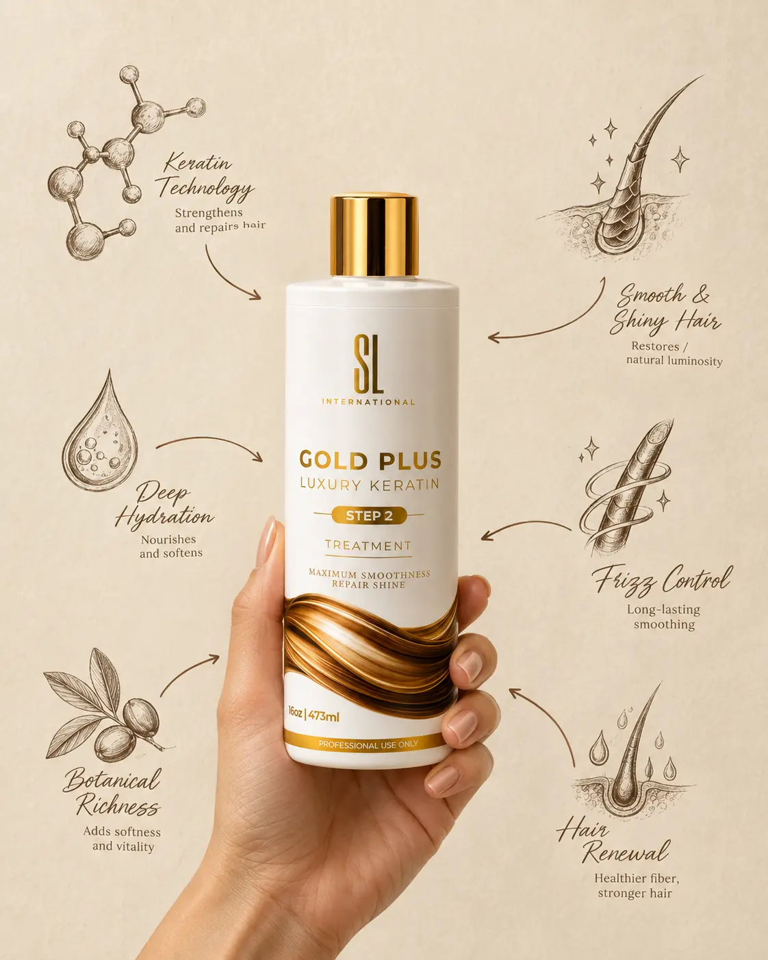 Anti-aging keratin hair treatment with gold and collagen formula