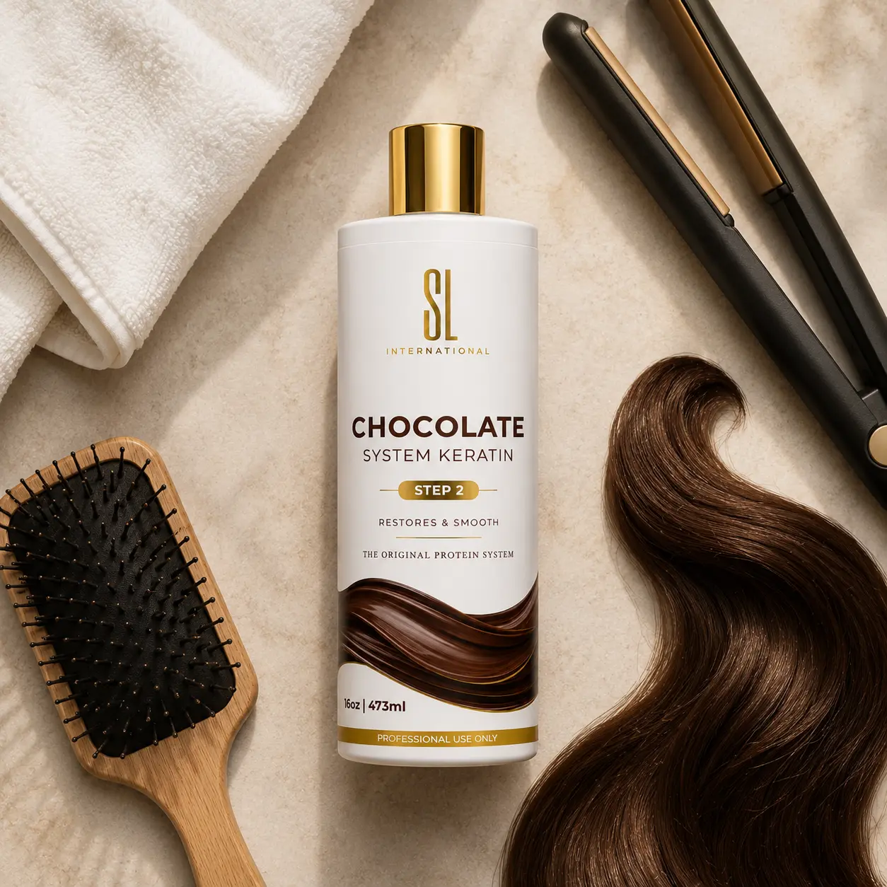 White and gold Chocolate Keratin System bottle 473ml