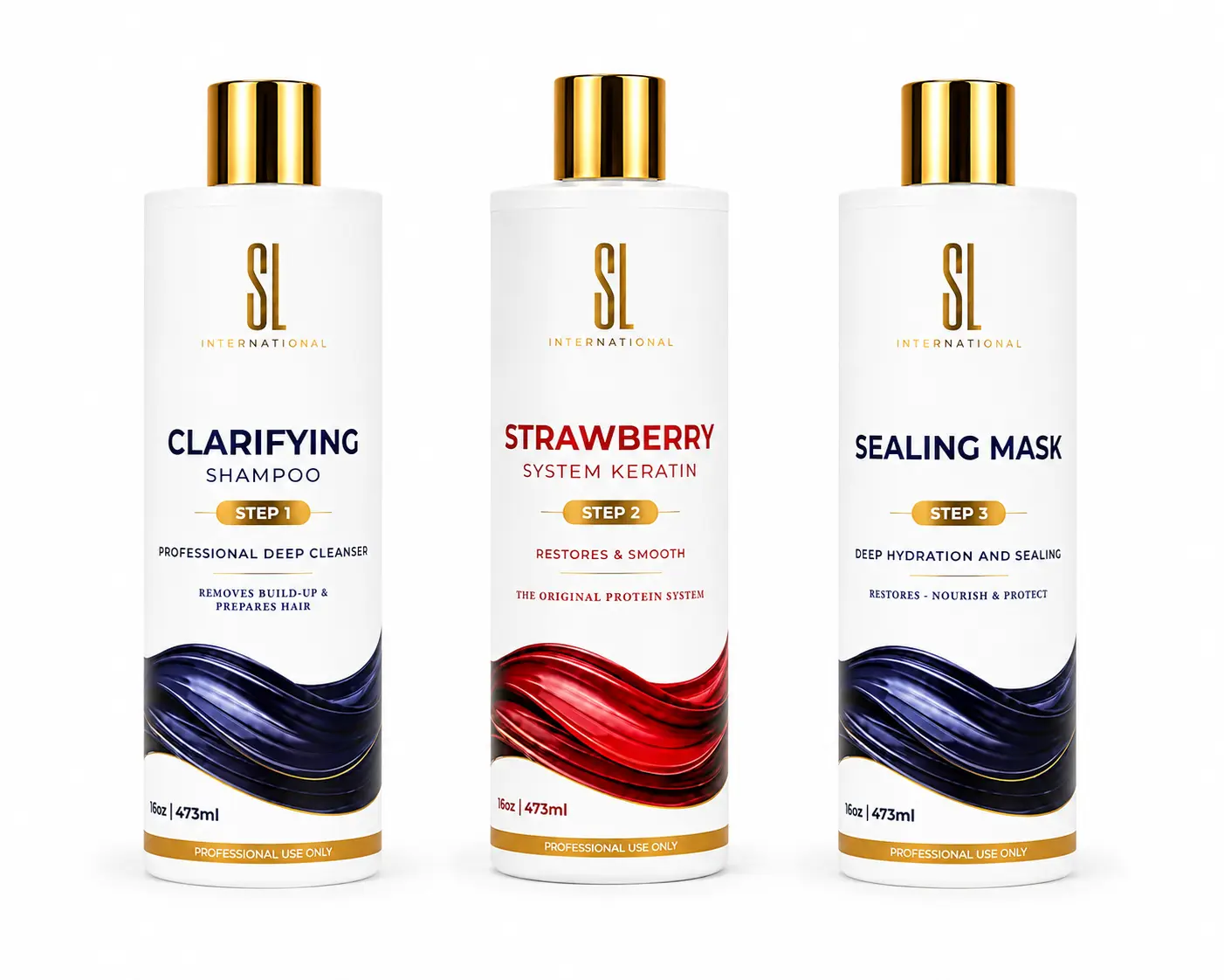SL International 3-Step System Kit with Clarifying Shampoo, Strawberry System Keratin, and Sealing Mask