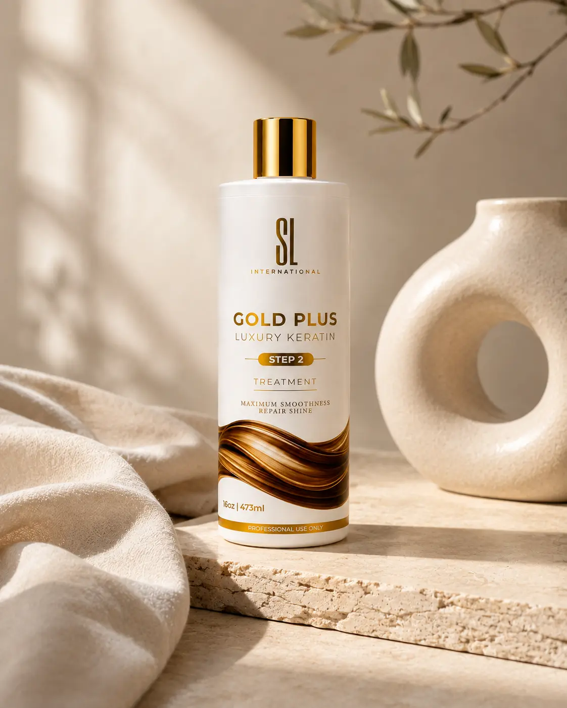 Professional keratin hair straightening treatment bottle with gold and white label