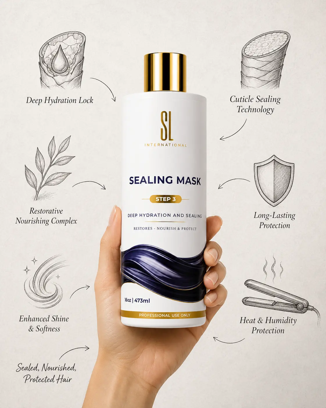 SL International Sealing Mask with deep indigo wave graphic, 16oz professional size