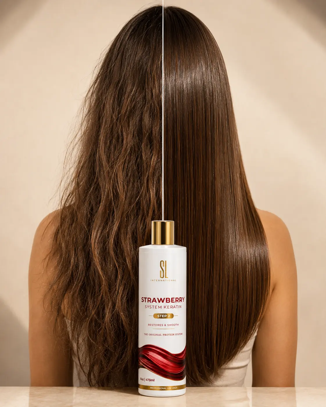 Before and after results of the Strawberry System Keratin treatment