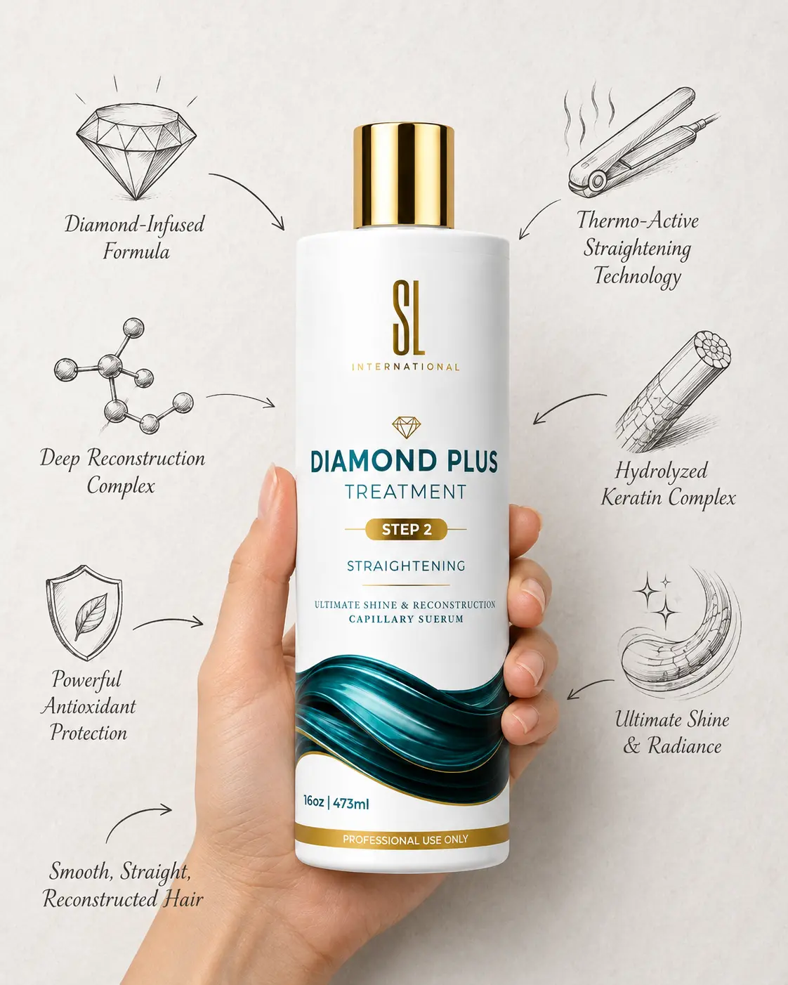 SL International Diamond Plus Treatment with teal wave graphic, 16oz professional size