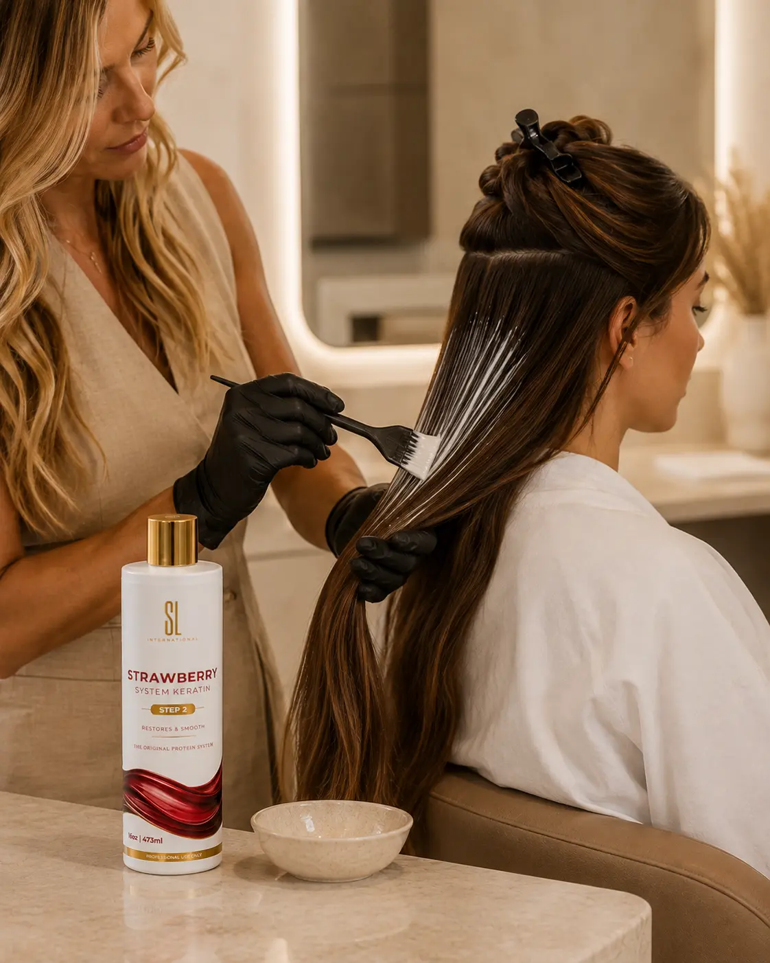 Hairstylist applying professional Strawberry System Keratin in a salon