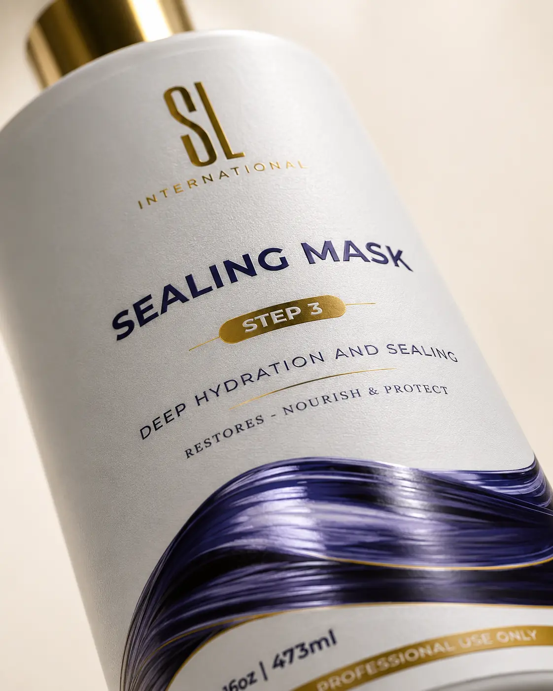 Sealing Mask bottle with deep indigo/violet and gold packaging design