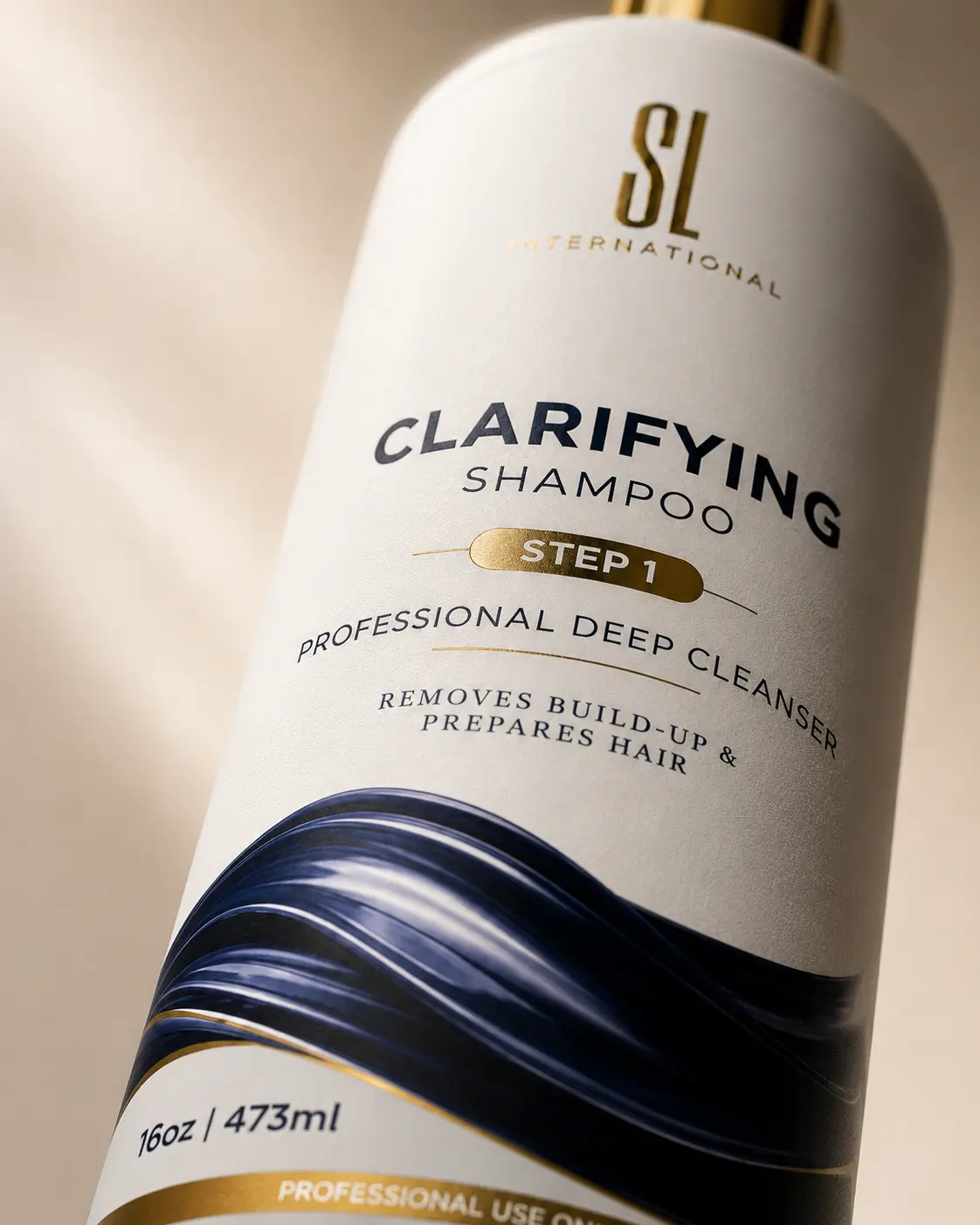 Clarifying Shampoo bottle with deep navy blue and gold packaging design