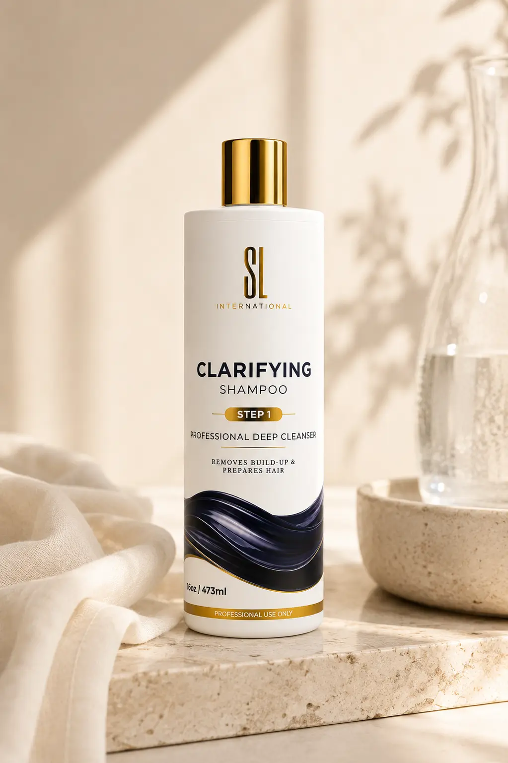 Clarifying Shampoo bottle, Step 1 of the SL International professional treatment system