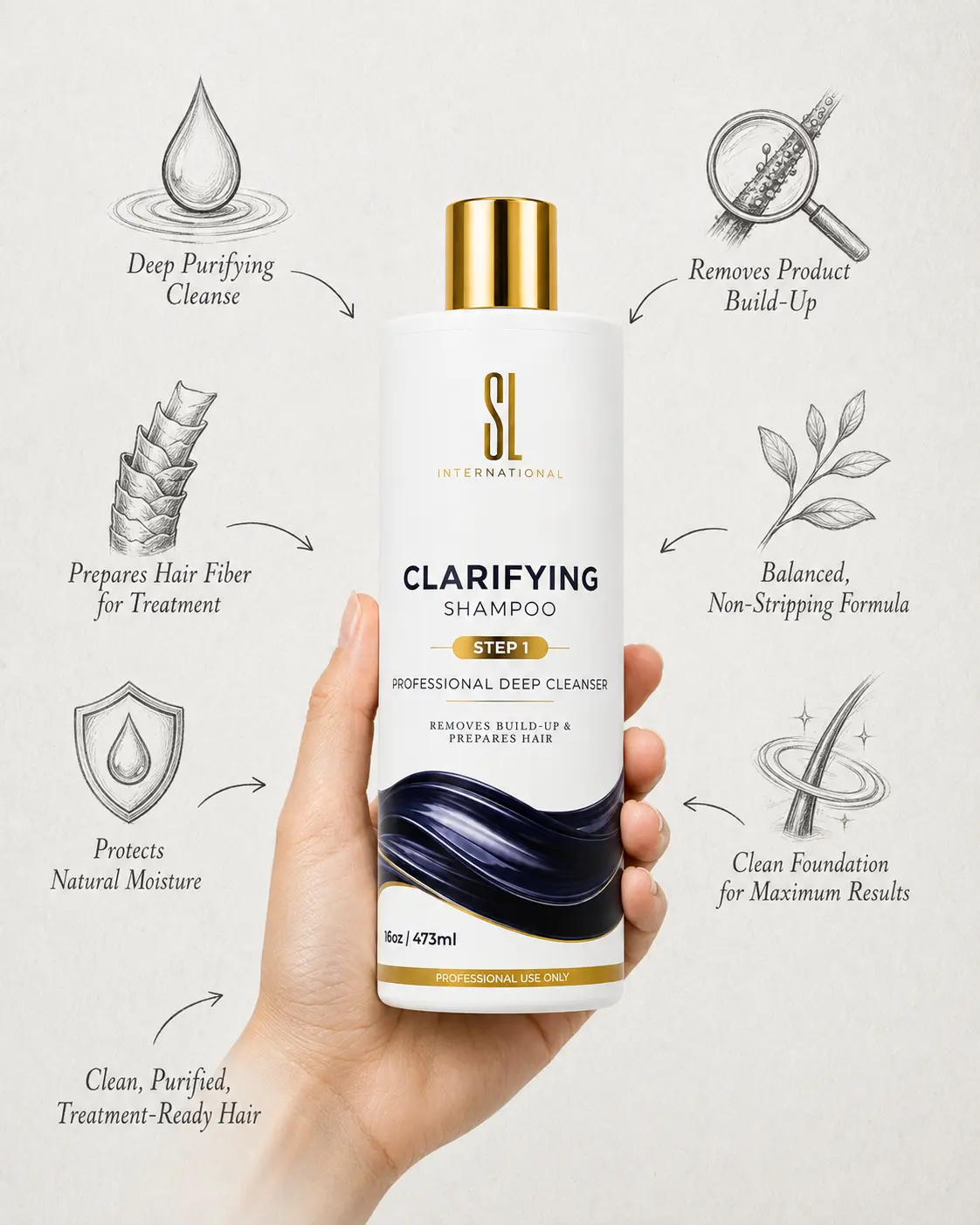 SL International Clarifying Shampoo with deep navy wave graphic, 16oz professional size